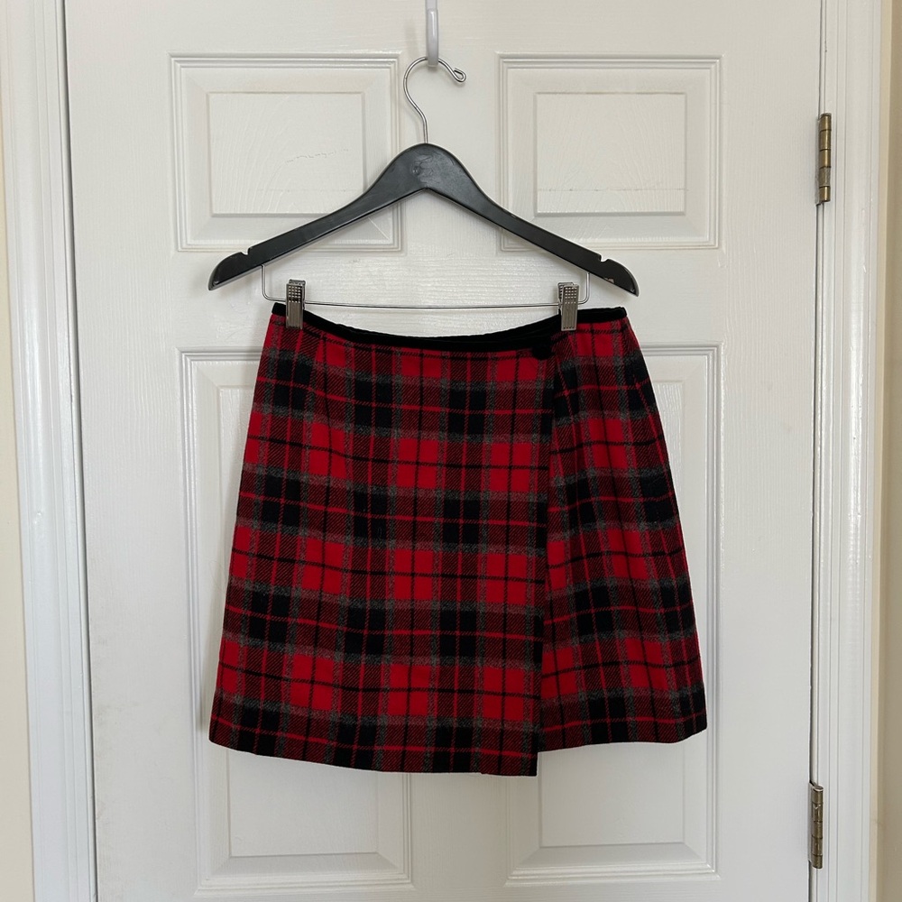 Vintage red tartan wool and velvet mini wrap skirt